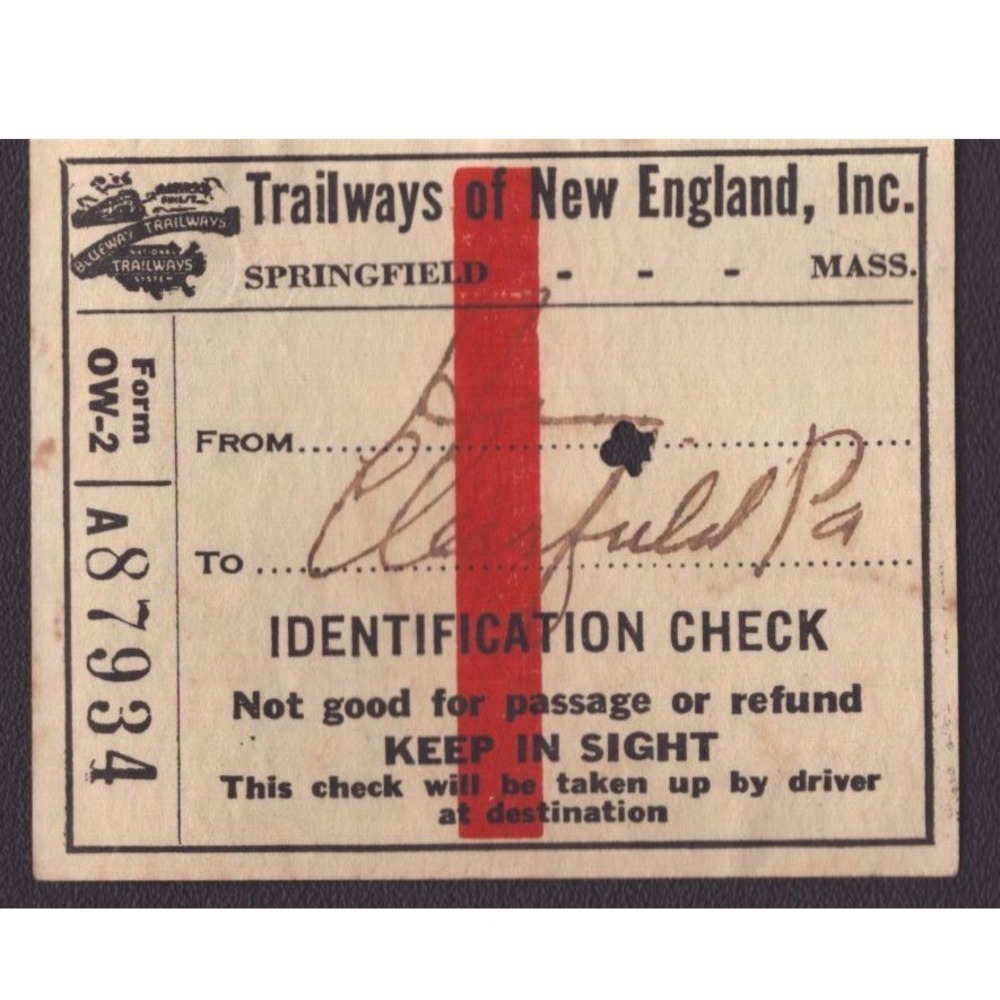 Vintage Trailways of New England Springfield MA Bus Ticket Clearfield PA 1942 - Picture 1 of 2